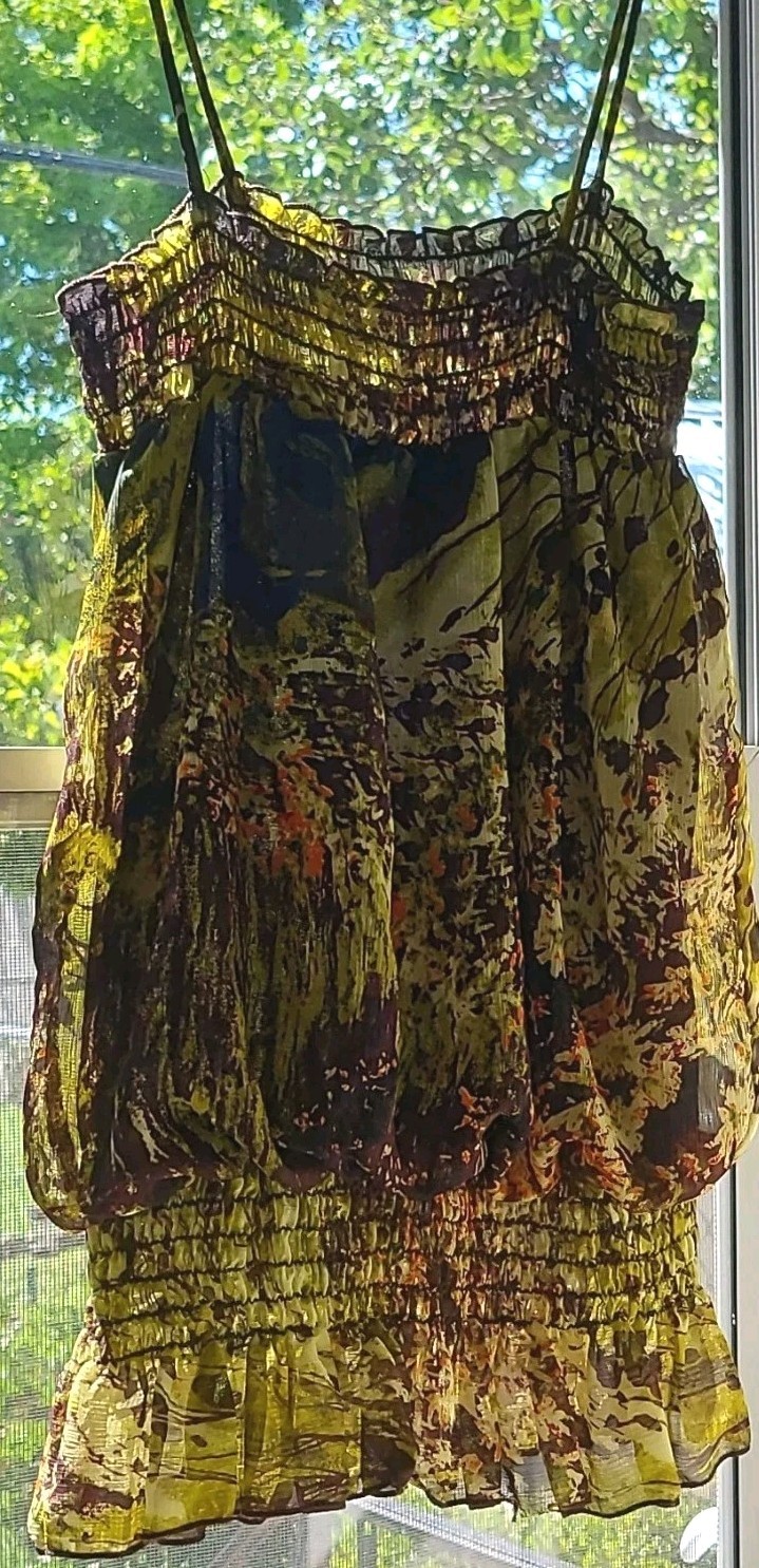 daytrip Women Yellow Brown Chiffon Smocked Ruffled Top S Adjustable Straps