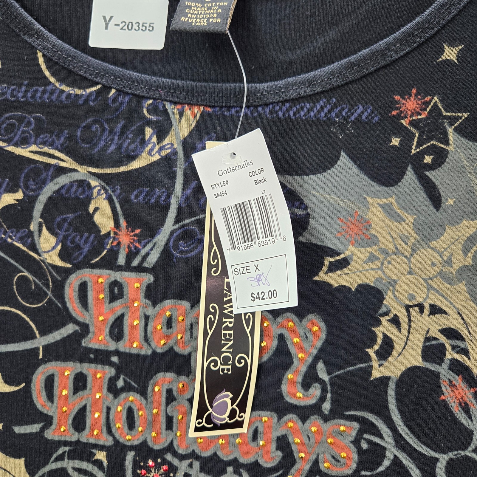 Susan Lawrence Women Top Large Black Shirt Happy Holidays Studded Christmas NWT