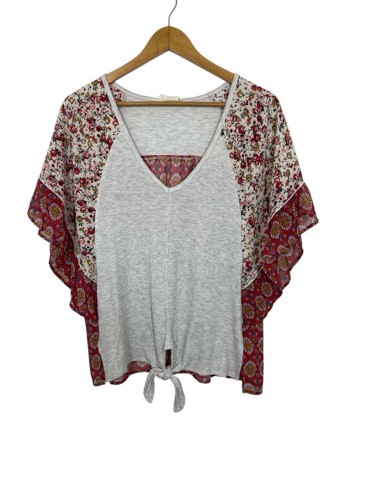 Hummingbird Shirt Small Thermal Waffle Knit Oversized Boho Lagenlook Mixed Media