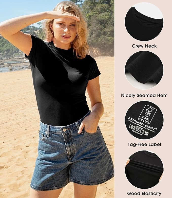 BAMBOO COOL Womens Skin-Tight Soft T-Shirt Short Sleeve Slim Fit Size XL Black