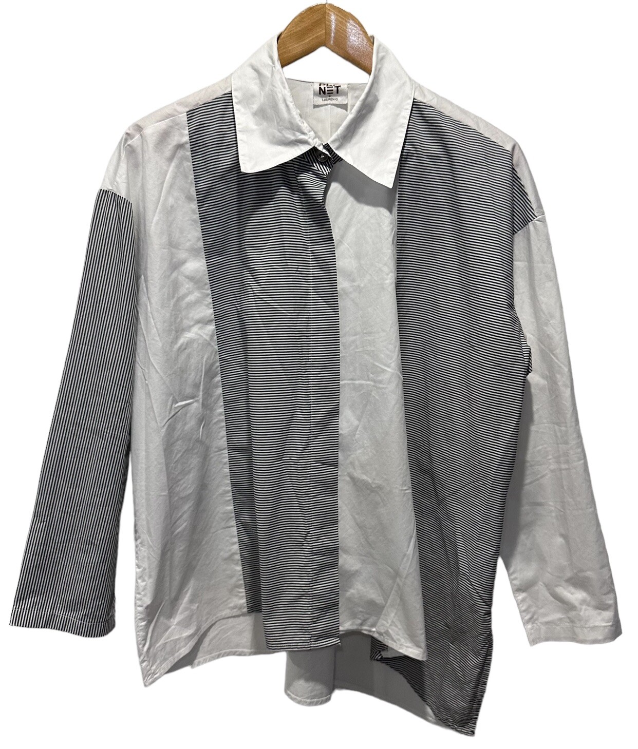 Planet by Lauren G Women’s Sz 2 Button Up Top Black/White Colorblock Striped USA