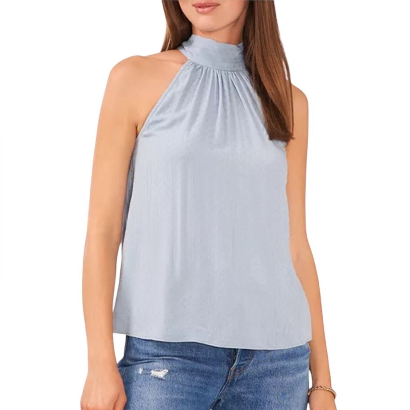 1.STATE Textured Sleeveless Halter Top Dusty Blue Tie Back Closure NEW XL