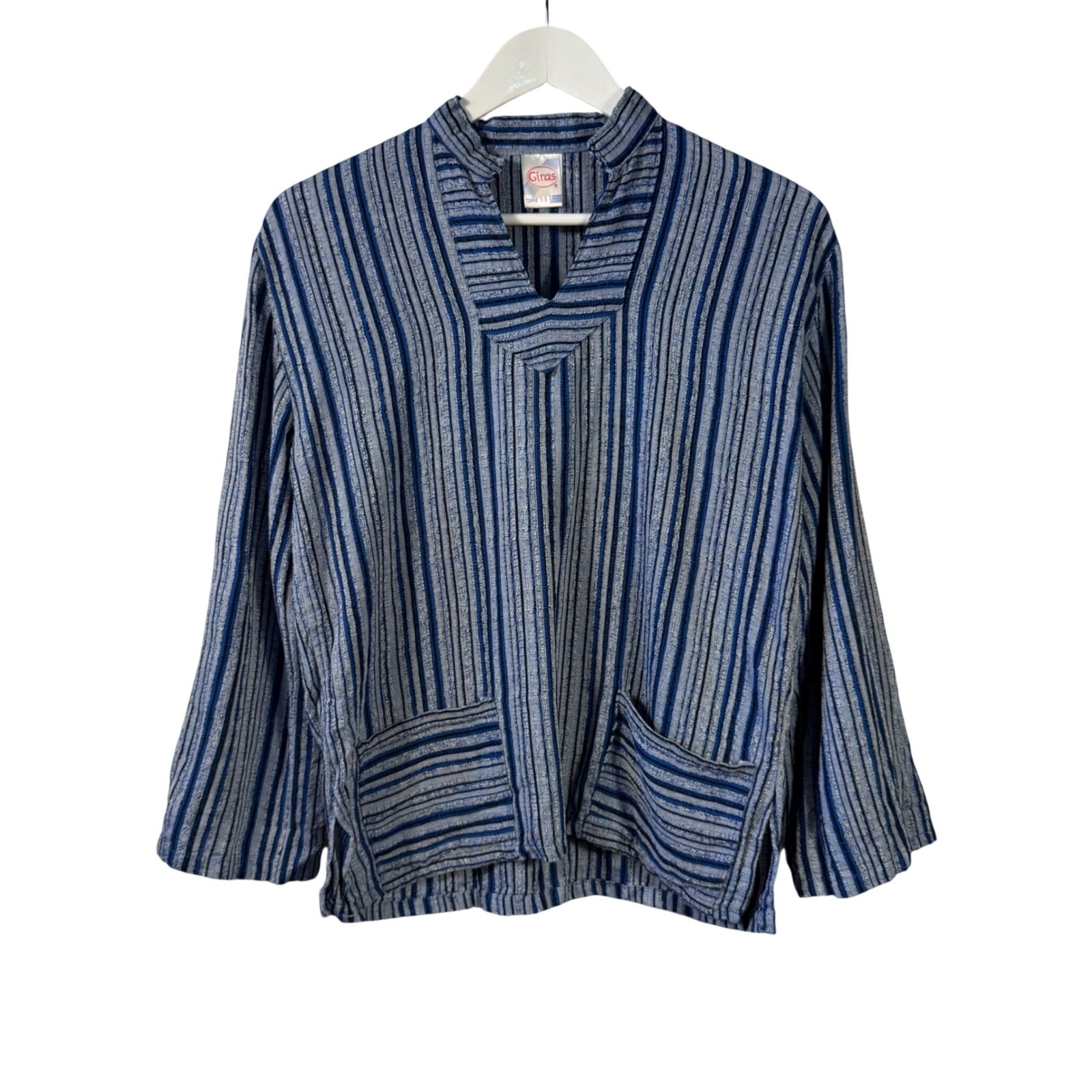 Giras Greece Blue White Striped Cotton Viscose V-Neck Tunic Top Womens S Unisex