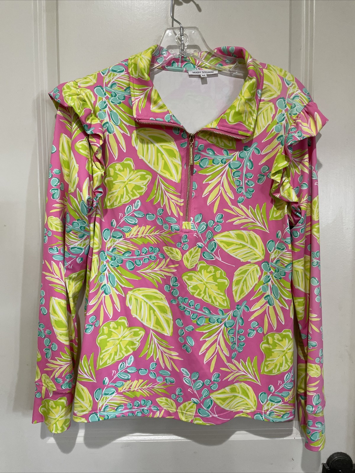 Mary Square Cool Stretch Pink Green Leaf Quarter Zip Ruffle Pullover Top Medium