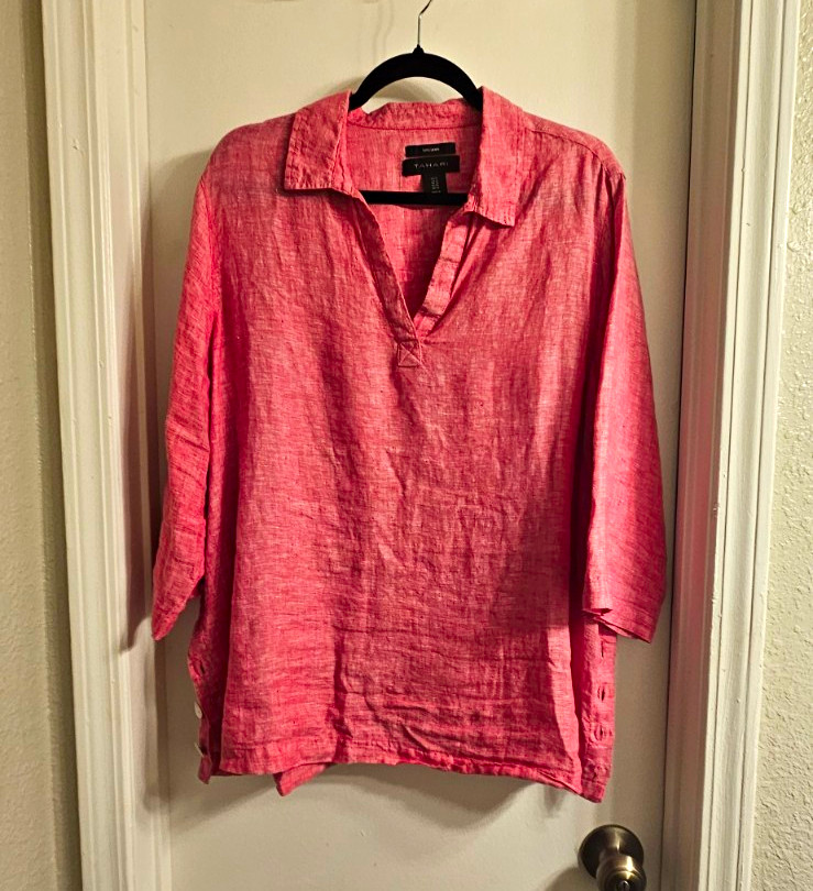 Tahari Washed Red Linen Collared Pullover Blouse 3/4 Sleeve Button Accent 1X