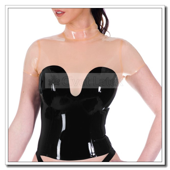 Latex Tops Contrasting Color Short Sleeve Shirt High Neck Back Zip Customize G25