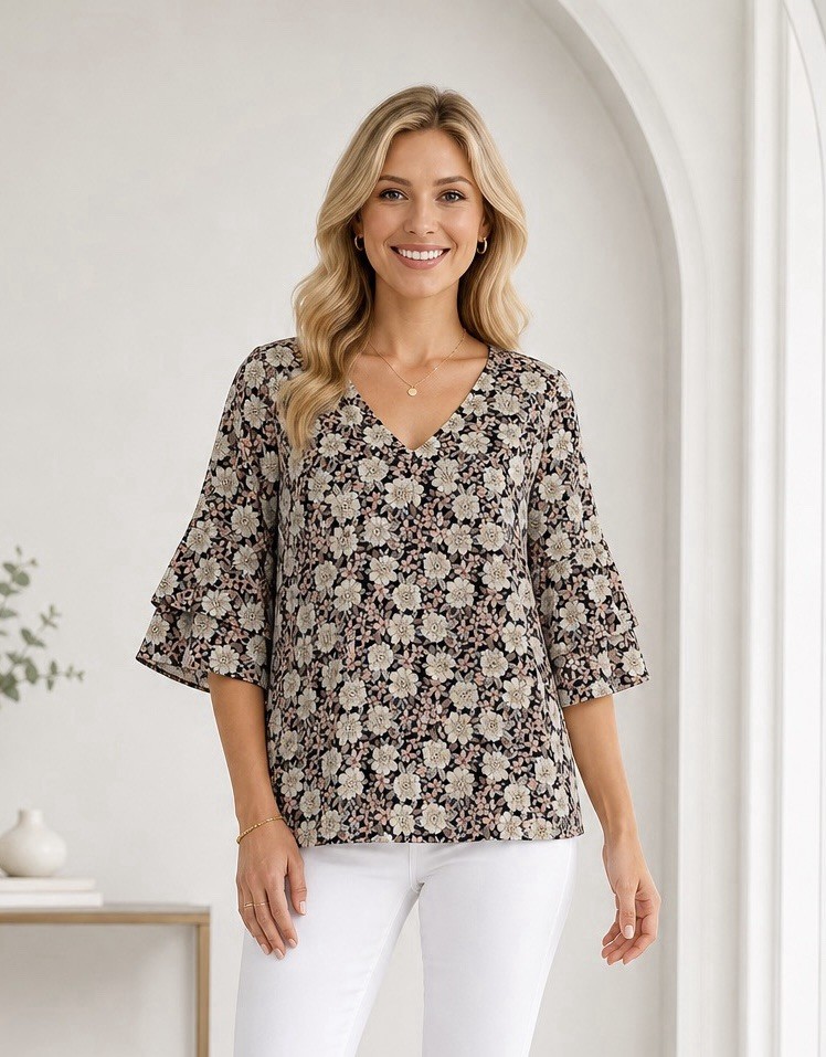 Womens Metallic Floral V Neck Bell Sleeve Top Size Medium Summer Boho Chic