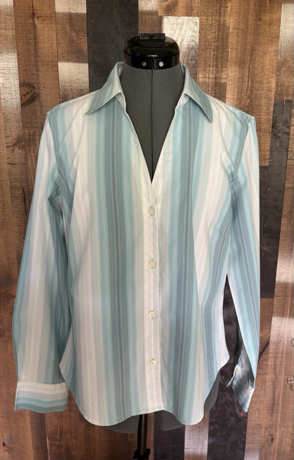 Womens Cotton Stretch Blue Ombré Stripe Button Up Long Sleeve Sz L Office Work