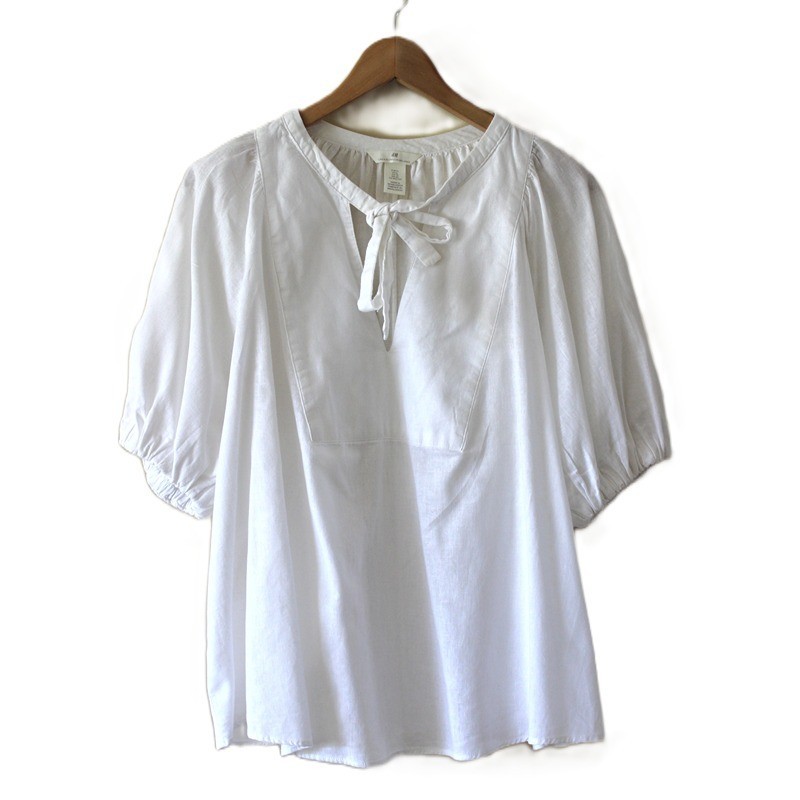 H&M Linen & Cotton Blend Tie-Neck Balloon-Sleeve Blouse in Crisp White (XL)