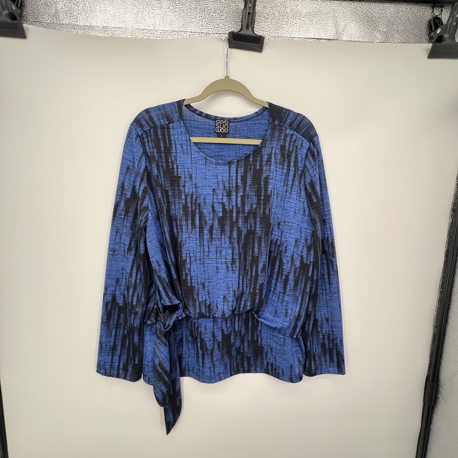 Clara Sun Woo Water Ripple Crinkle Pleat Blouson Overlay Top Sz L Side Tie Blue