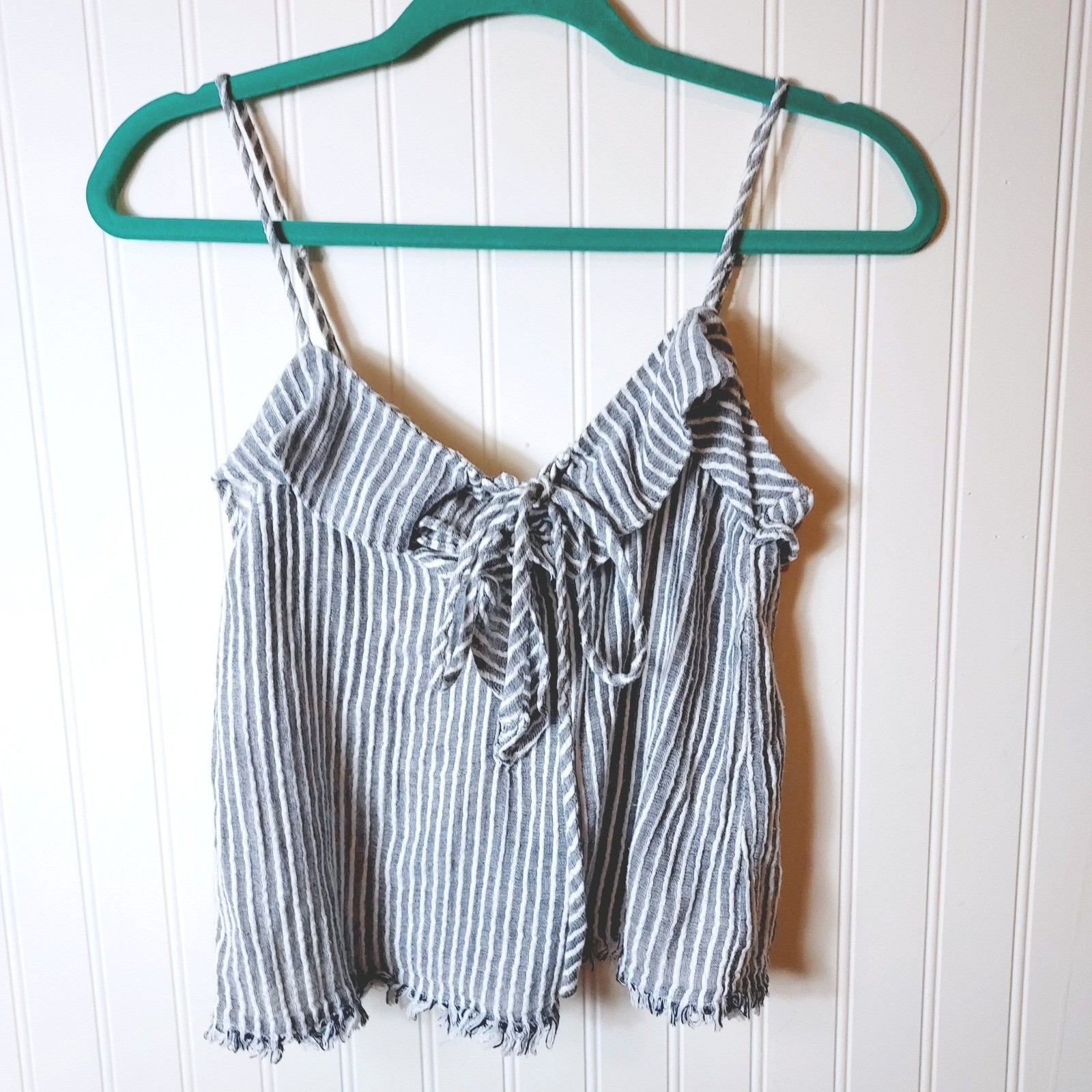 Greylin Striped Tie Front Cami Top Womens Small Blue White Ruffle Frayed Hem