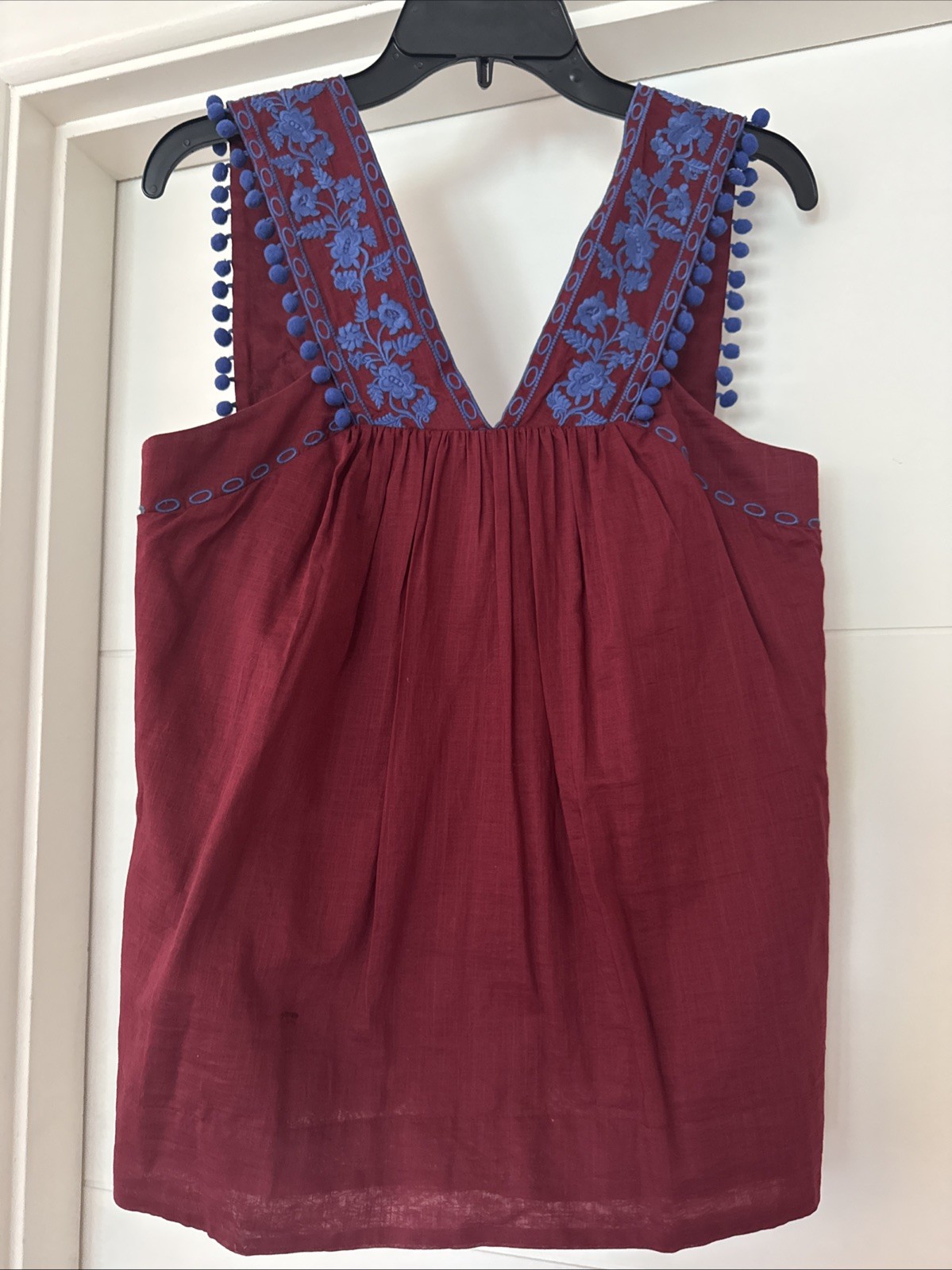 J. Crew Burgundy & Blue Embroidered Pom Pom Tank Coastal Bohemian V-neck-6