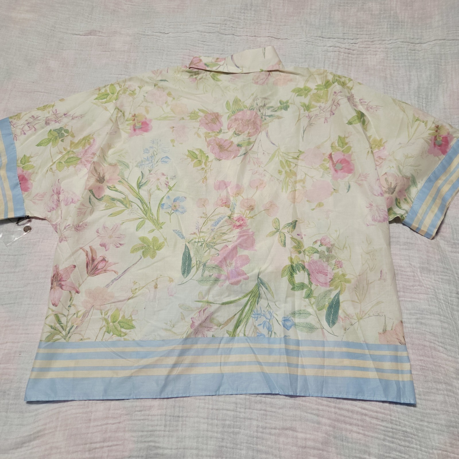 Vince Camuto Floral Tie-Front Button Down Blouse Top Blue Striped Trim Size S