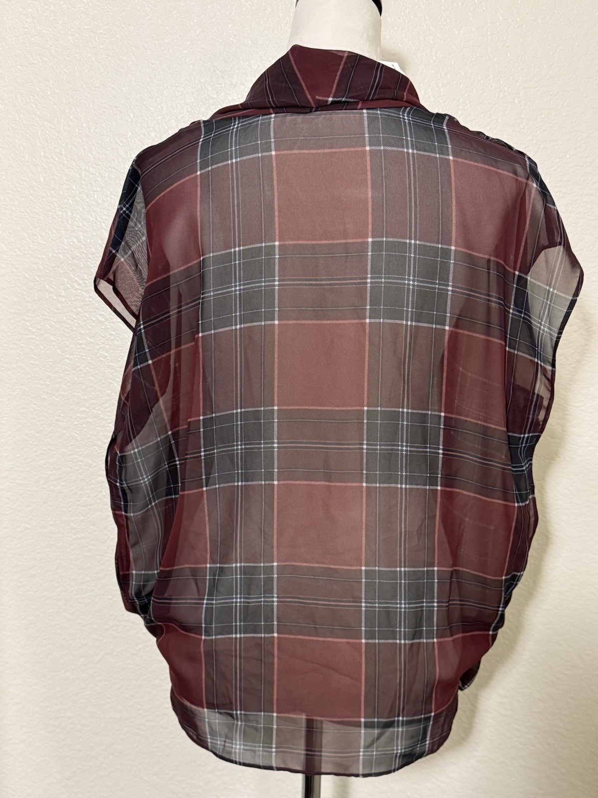 Buffalo David Bitton Large Shiraz Plaid Sheer Surplice Wrap Top Burgundy NWT