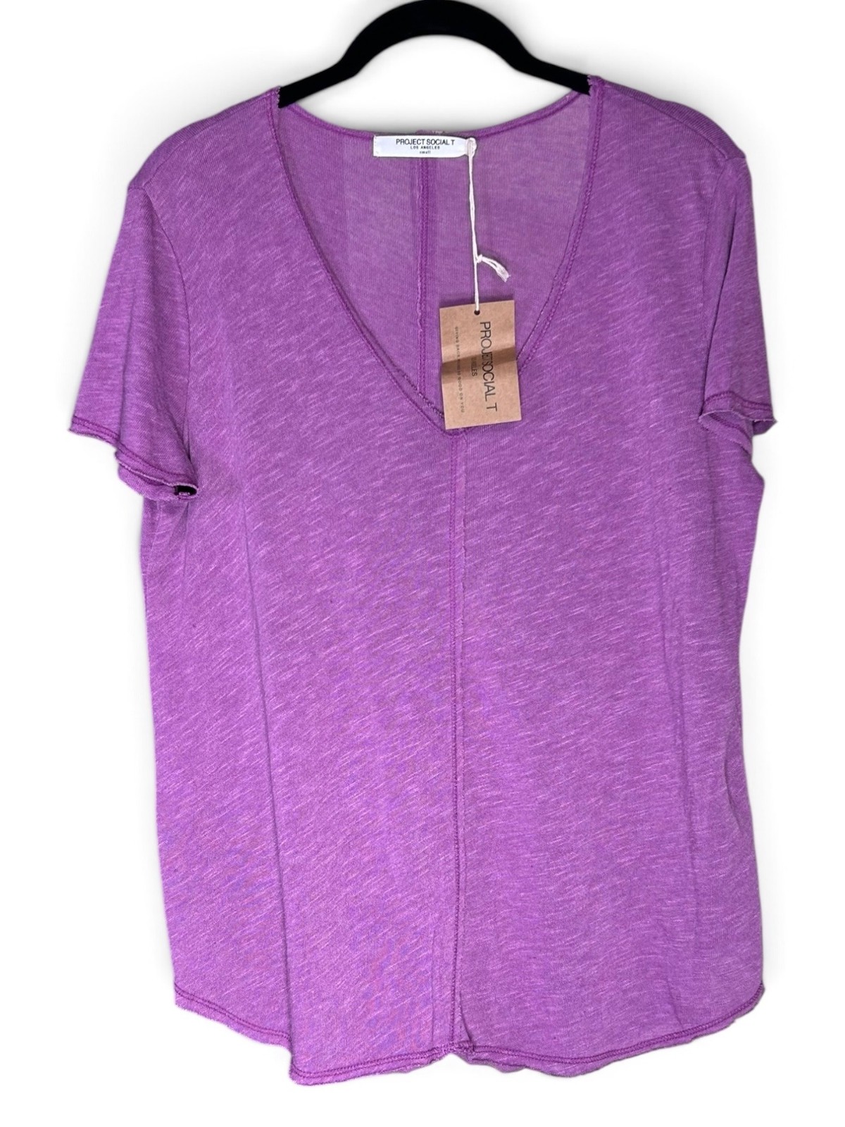 PROJECT SOCIAL T VNeck Tee Sz S Berry Purple Raw Edge Slub Knit Cotton Blend