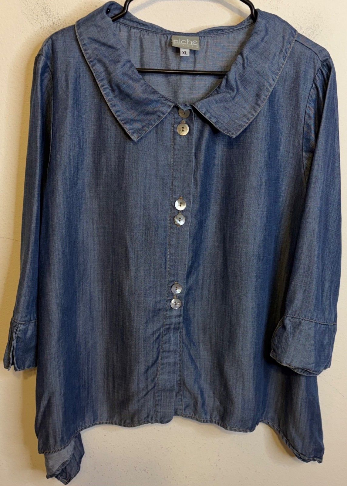 NICHE Nilgun Derman XL Chambray Button Blouse Shirt Peterpan Collar Sharkbite
