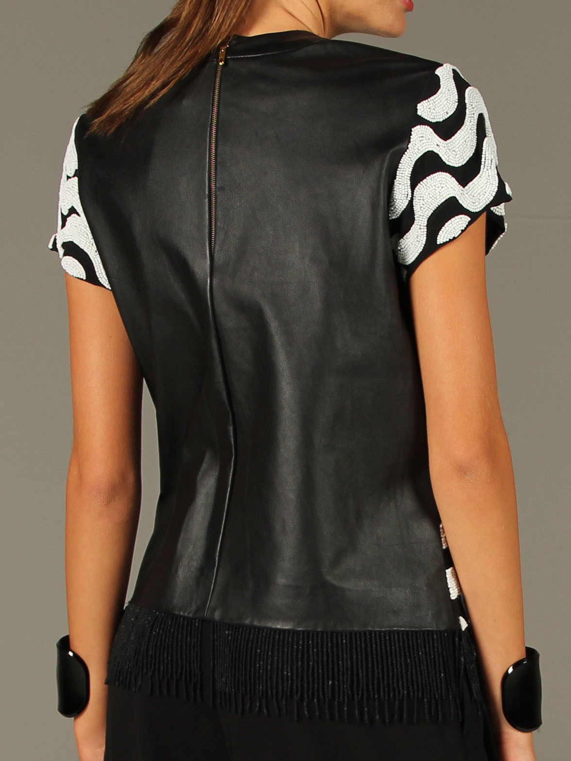 Nicole Miller Beaded Silk and Leather Short Sleeve Top NWT Size Small (4-6)