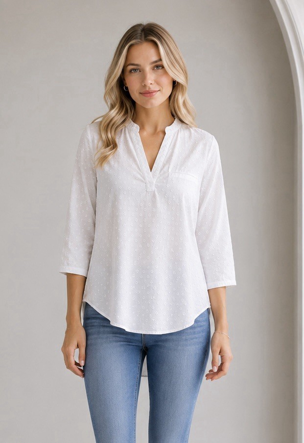 Womens White Embroidered Swiss Dot V Neck Popover Top Size Small Summer Preppy
