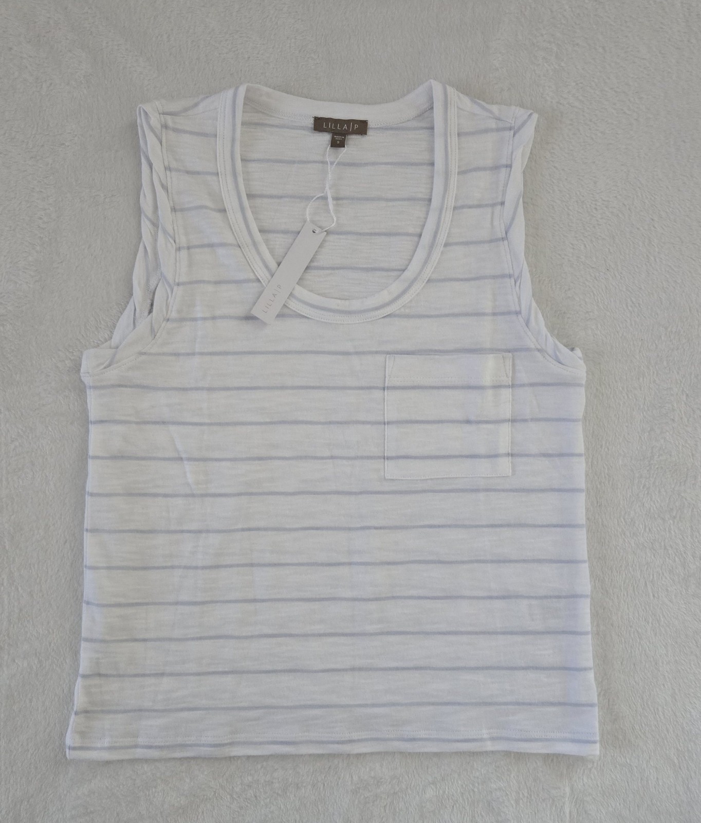 Lilla P White W/Lt Blue Stripes & Front Pocket Twist Short Sleeve Tee S