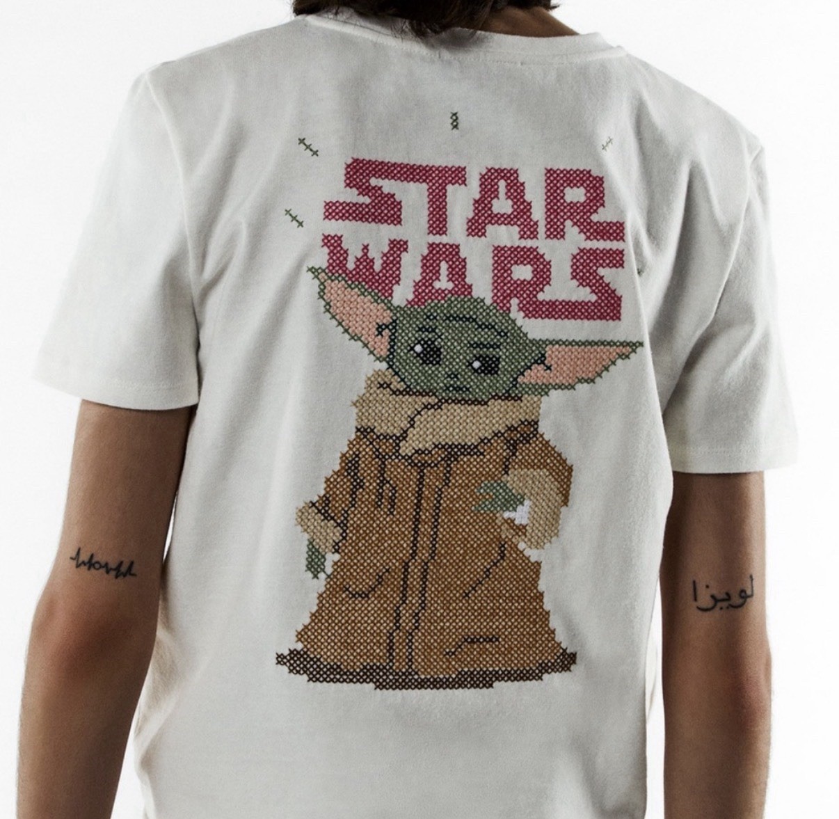 Zara Star Wars Tee with Pink Logo & Green Grogu Cross-Stitch Medium