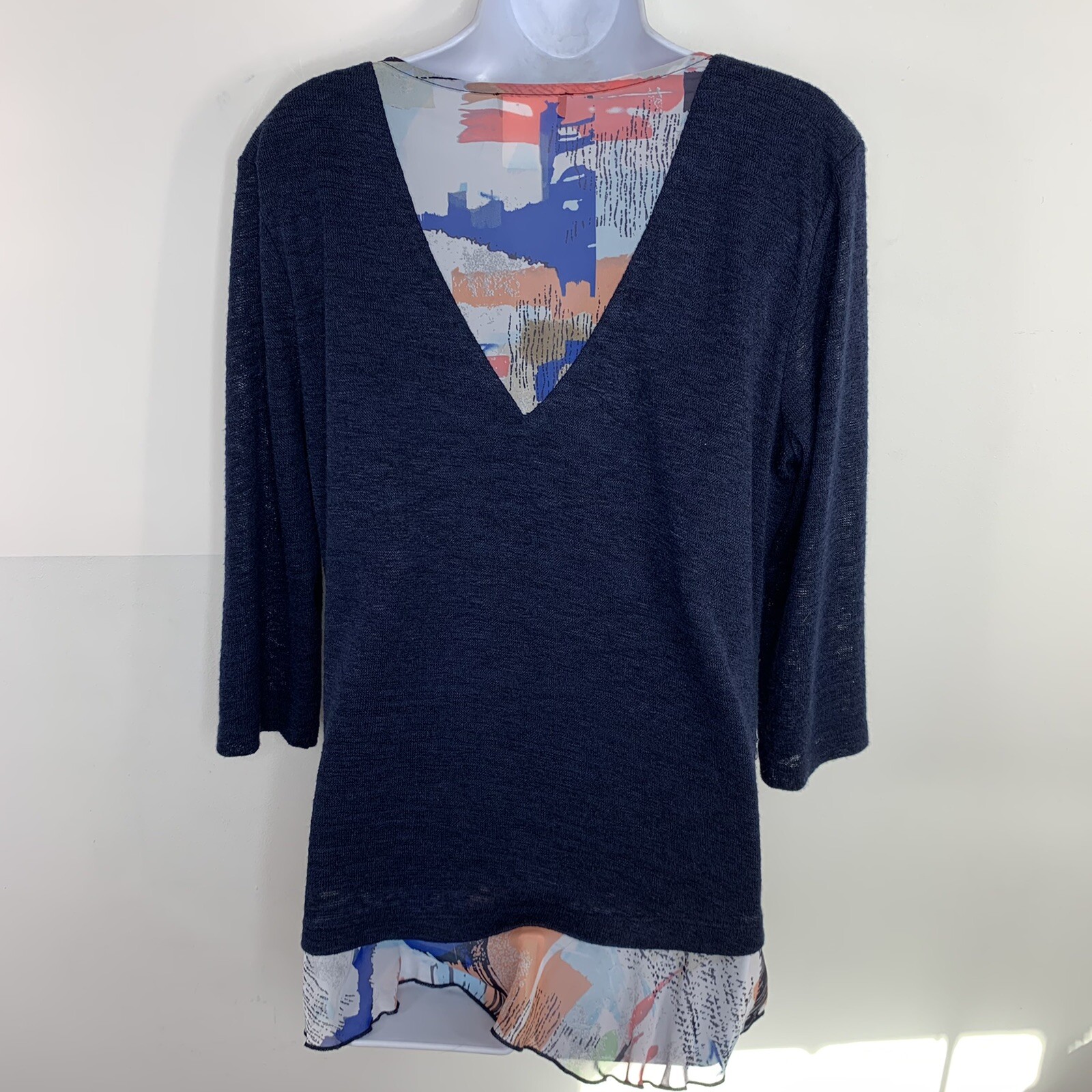 Bali Womens Top Sz L Navy Blue V Neck Tail Hem Coastal Casual AV27