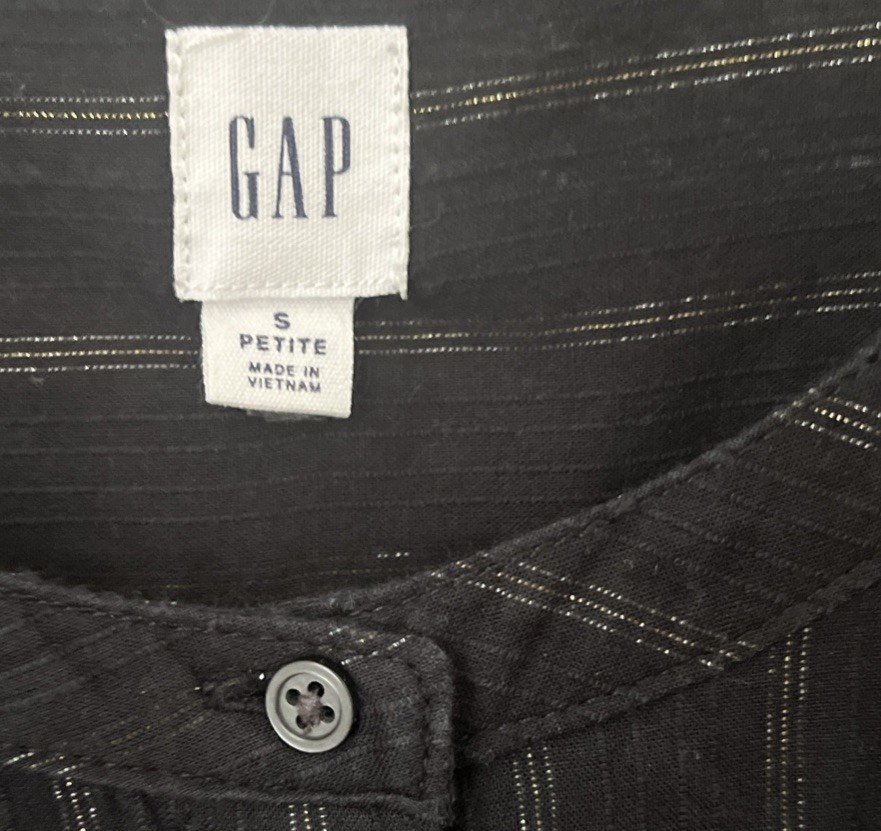 Gap Womens Blouse Button Collarless Peasant Top Metallic Stripes Cotton Black PS