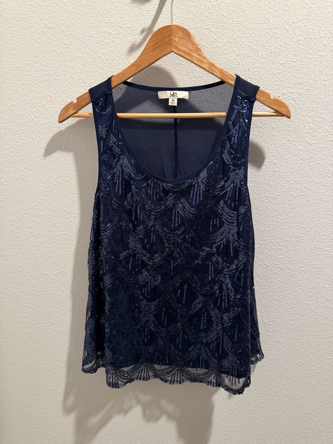 Ya Los Angeles Navy Blue Sequin Scalloped Mesh Tank Top