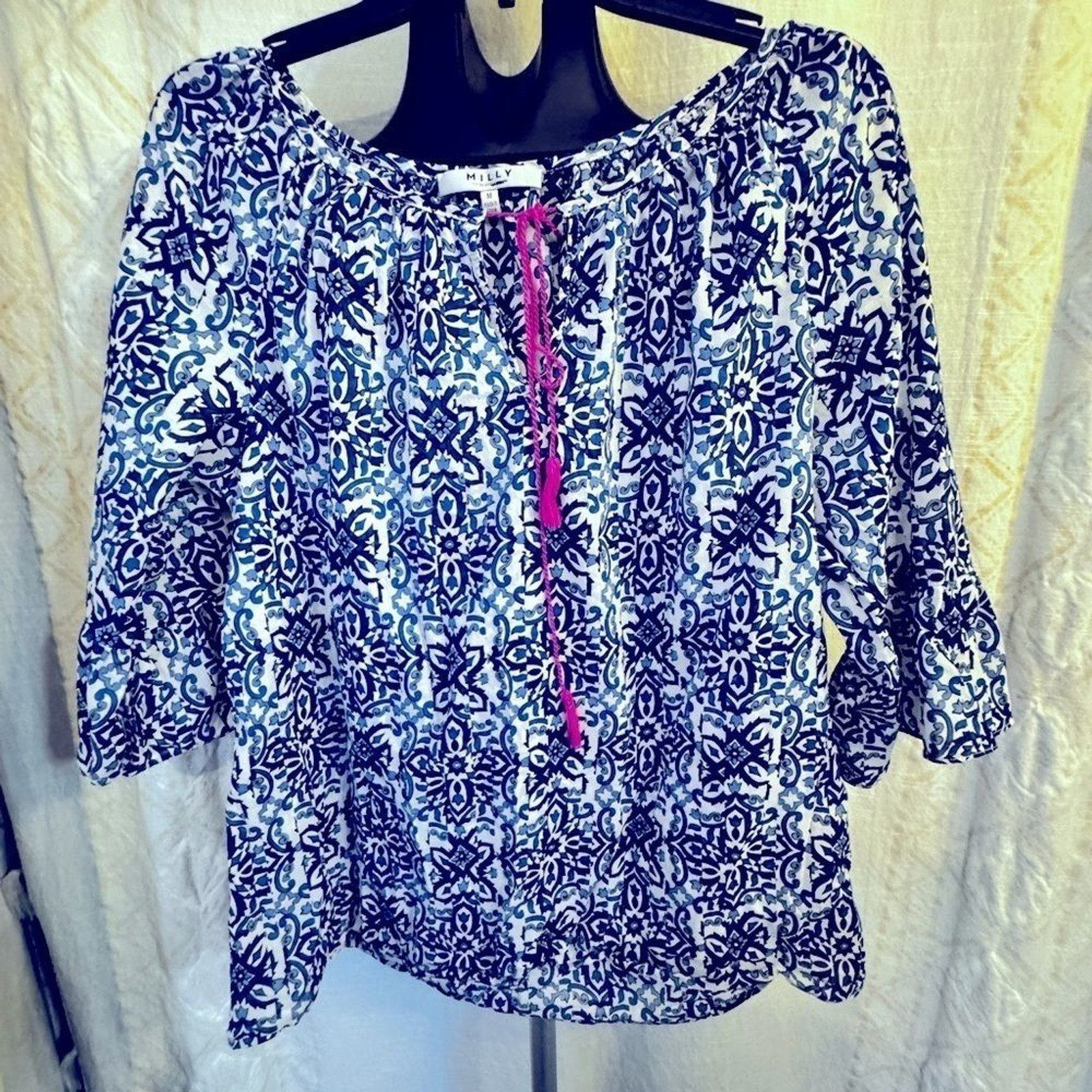 Milly Blue White Print Pink Tassels Blouse size medium