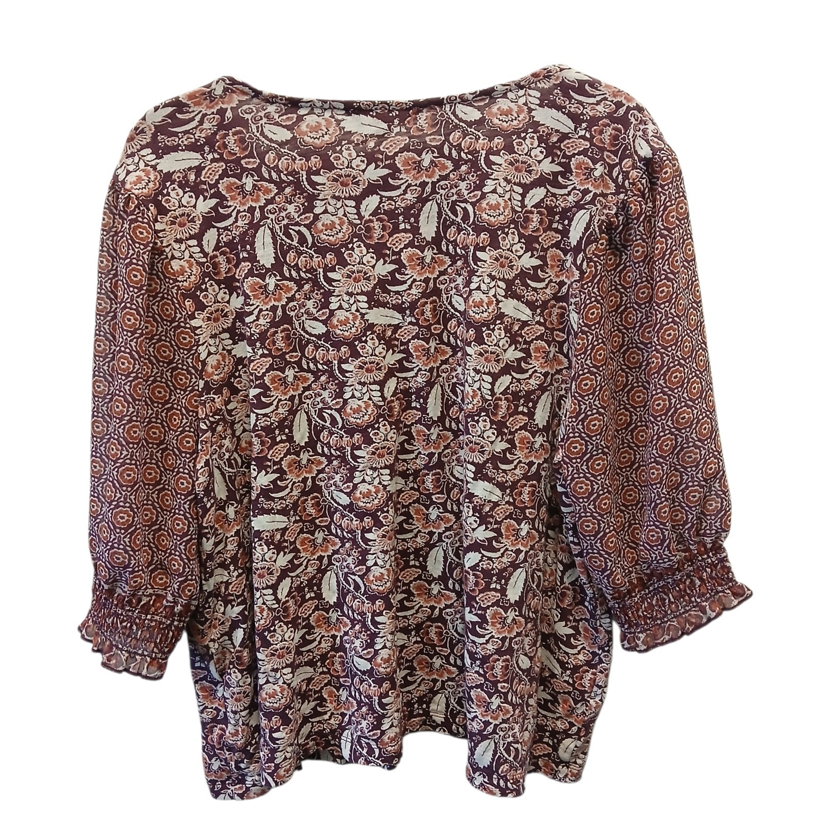 Lucky Brand Top Womens Sz XL Floral V Neck Puff Sleeve Boho Cottagecore Blouse