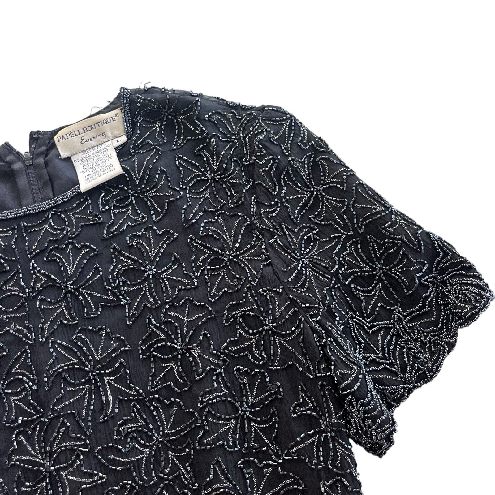 Papell Boutique Evening Women Large Black 100% Silk Beaded Floral Pattern Blouse