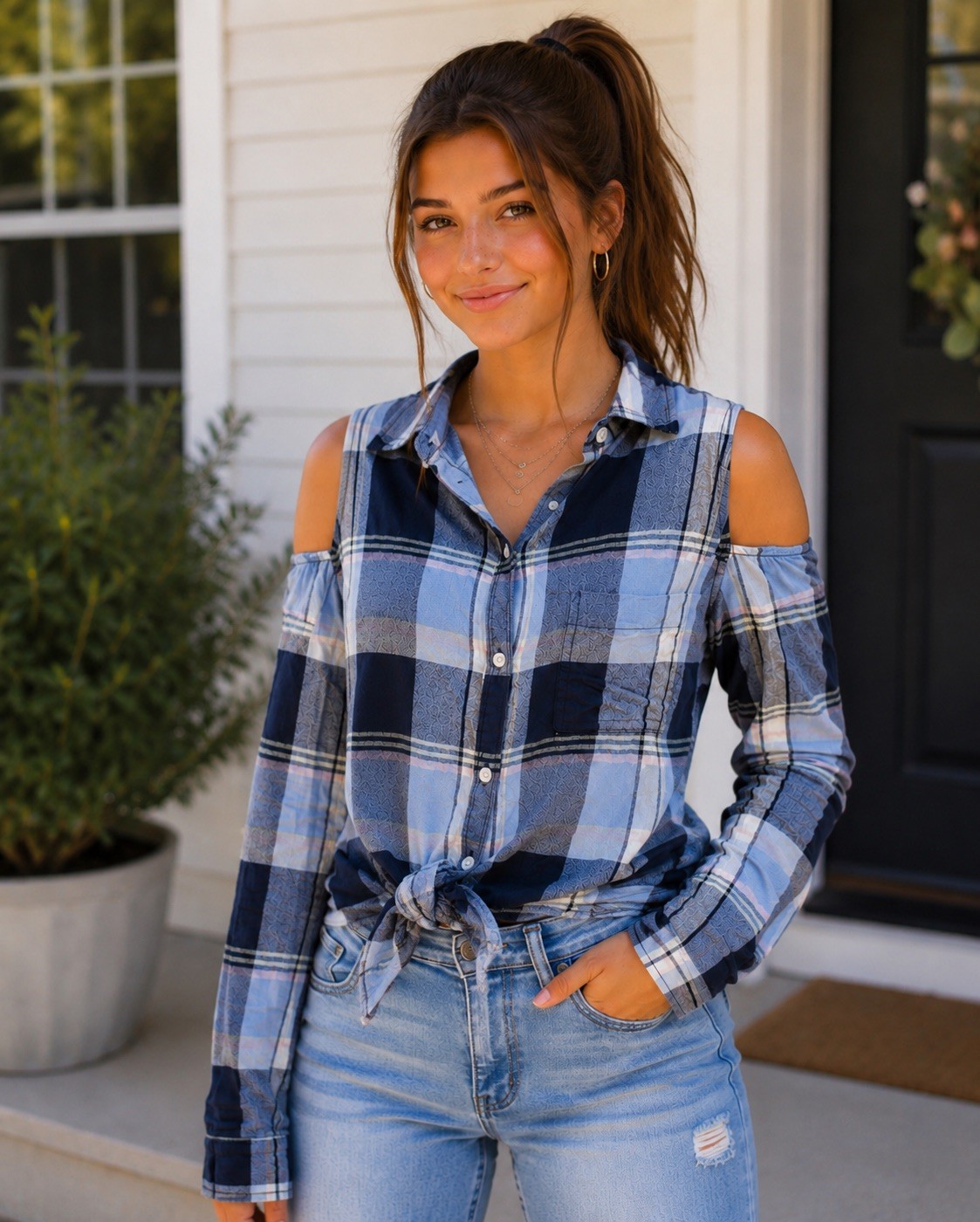 Women’s Blue Plaid Cold Shoulder Button Down Top (Size Small)