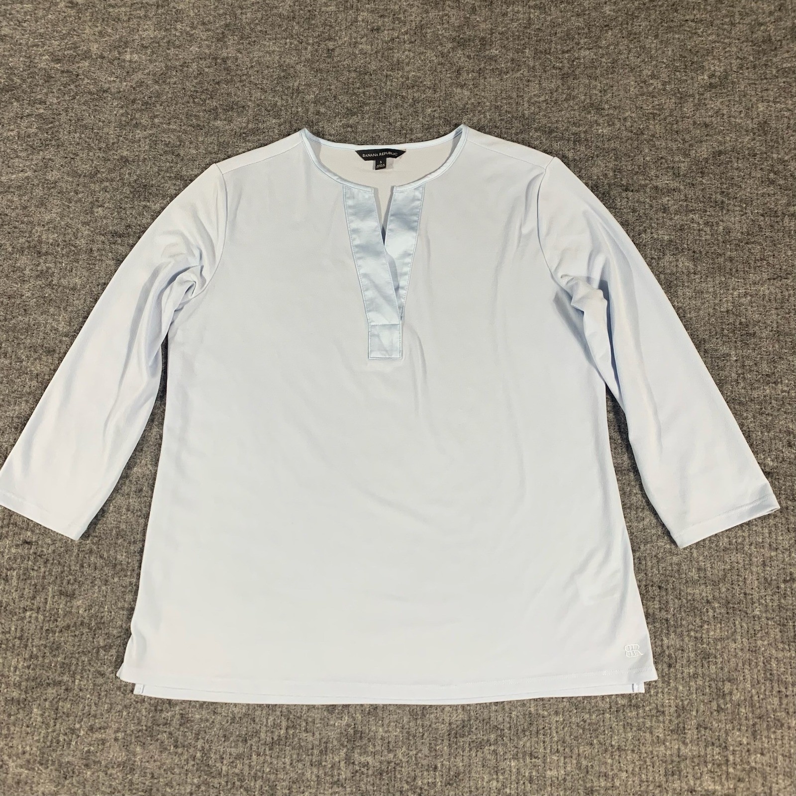 Banana Republic Blouse Womens Small Blue Split Neck Satin Trim 3/4 Sleeve Top