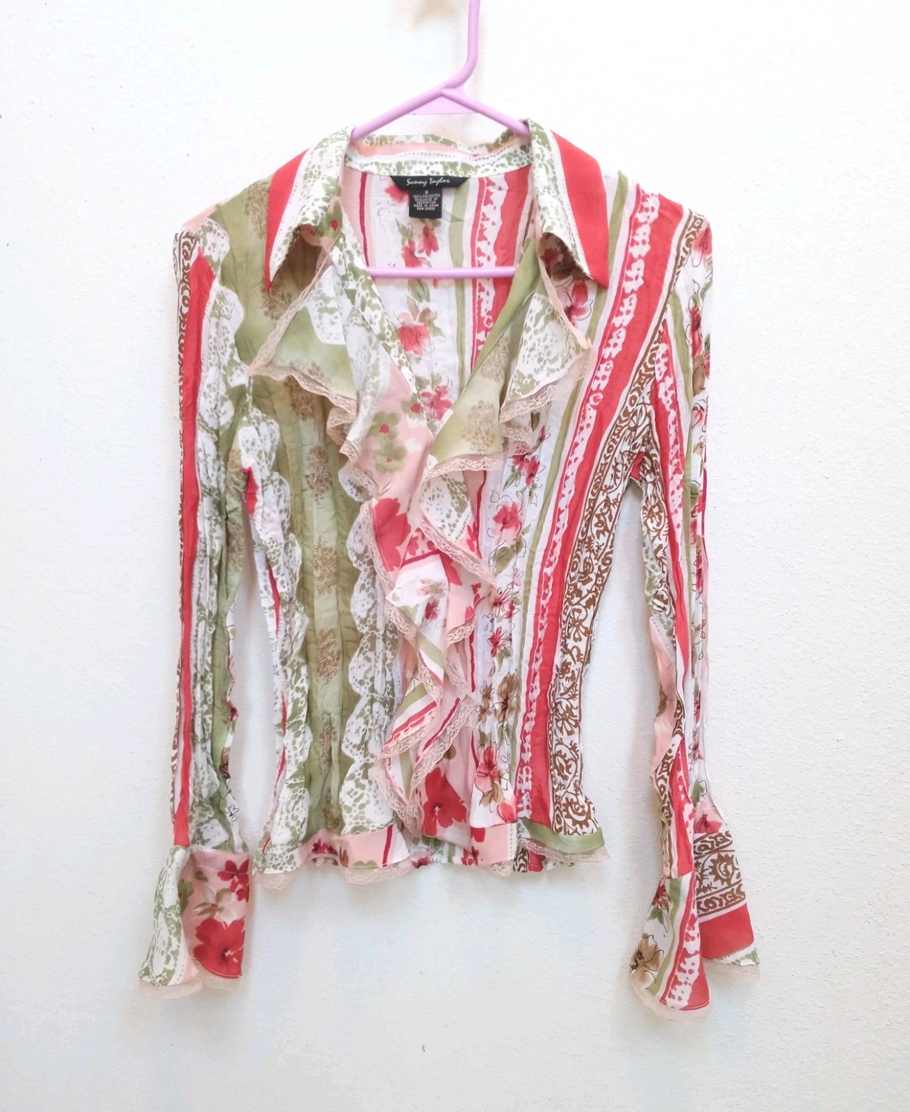 Sunny Taylor Womens Small Shirt Long Bell Sleeve Floral Ruffle Button Up Blouse