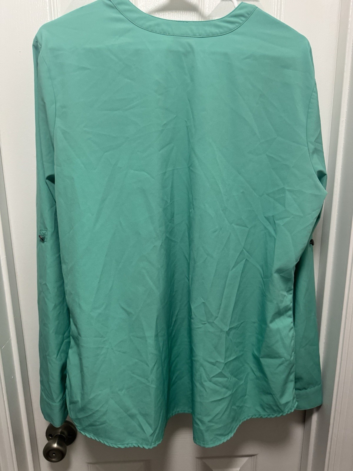laura scott large button up long sleeve teal 95% polyester 5% spandex No Collar