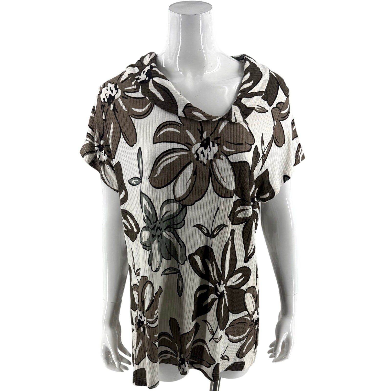 Parsley & Sage Womens Top Size XL White Brown Green Floral Ribbed Round Collar