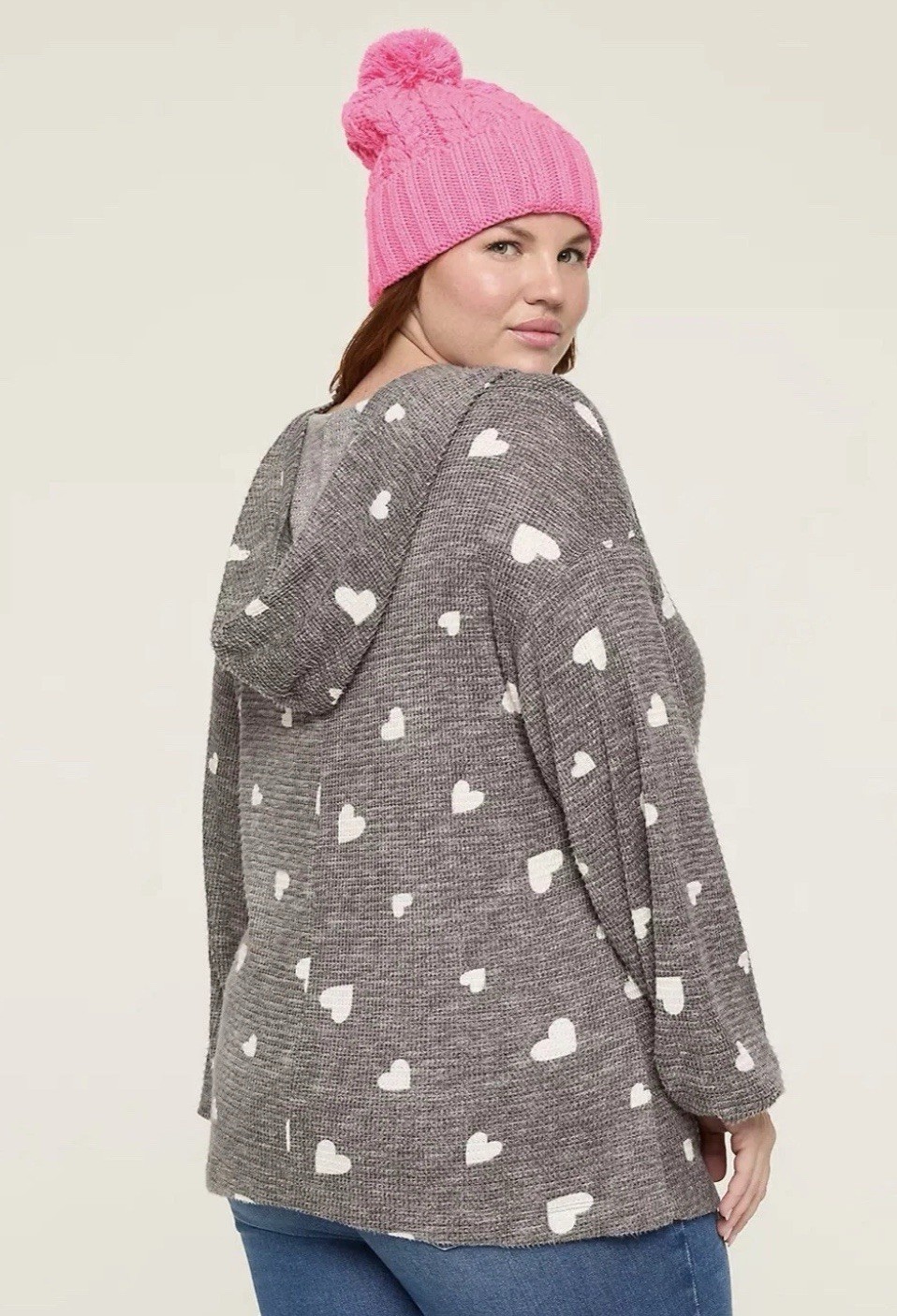 Lane Bryant Waffle Knit V Neck Hoodie Hearts Gray White 14/16 NWOT Top Shirt