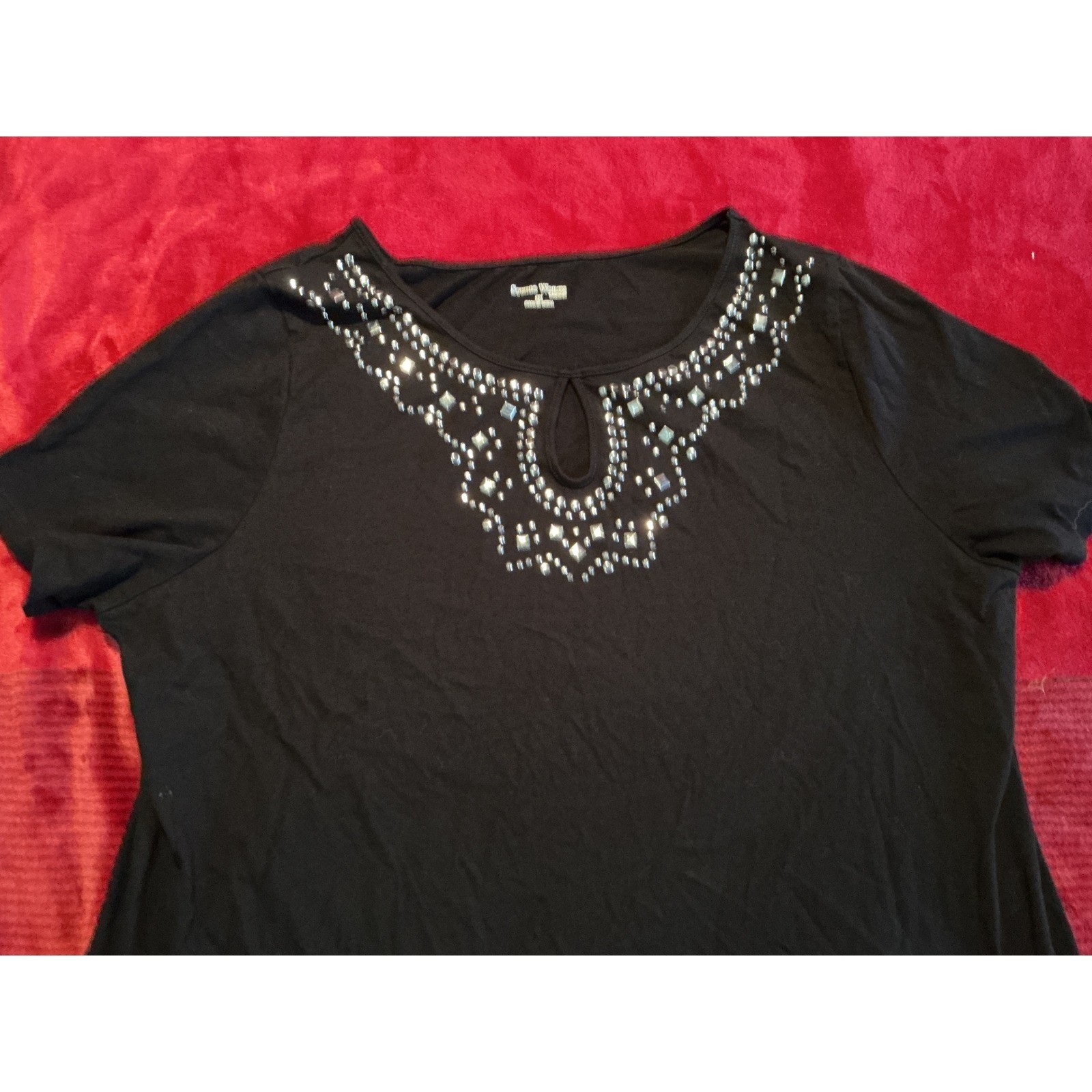 Studio Works Top Women 2X Black Good Embellished Keyhole Short Sleeve Studded