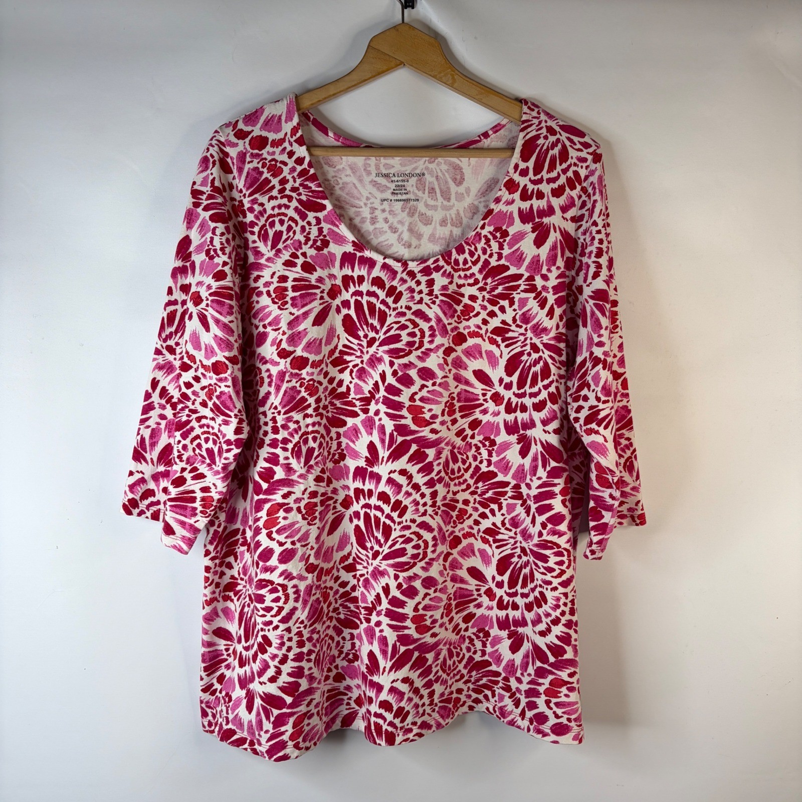 Jessica London T-Shirt Women 22/24 Pink Red Floral 3/4 Sleeve Scoop Neck Tunic