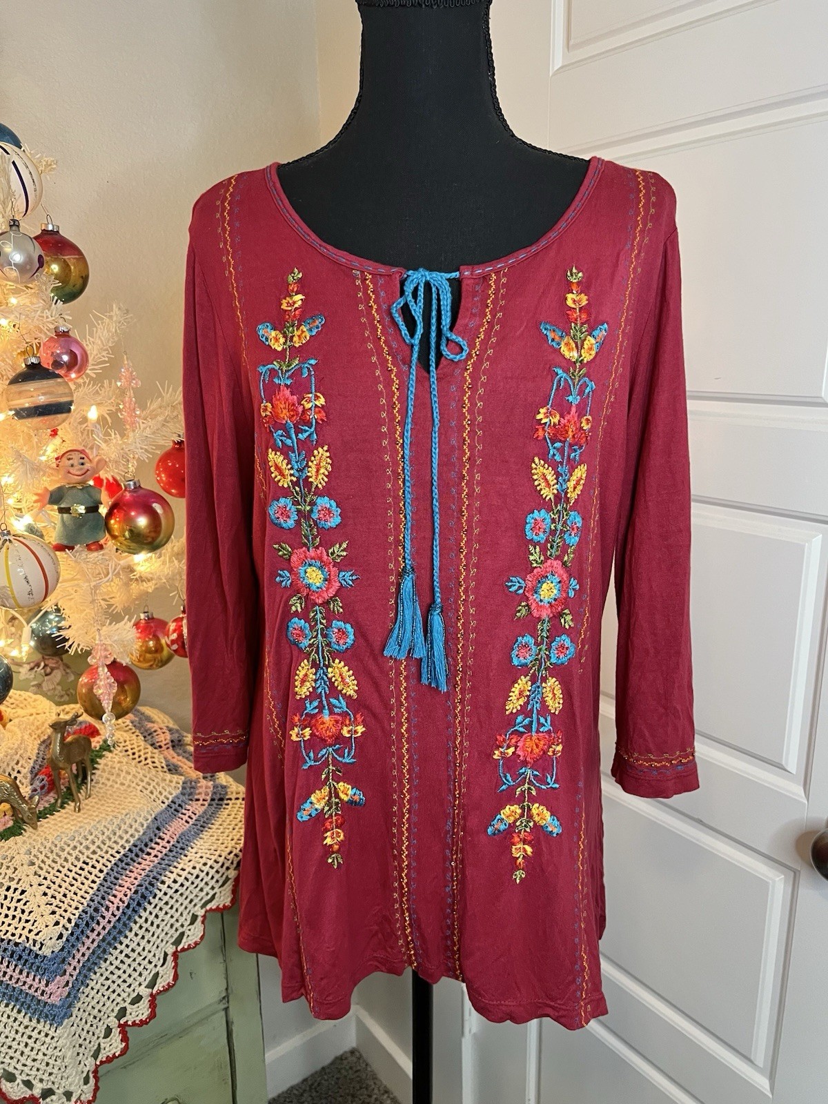 Krista Lee Maroon Colorful Floral Western Boho Embroidery Beaded Blouse Sz L