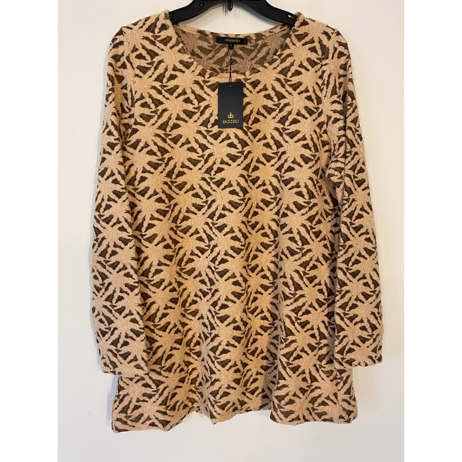 NWT Radzoli Khaki Brown Textured Geometric Long Sleeve Tunic Top XL Sheer Mesh