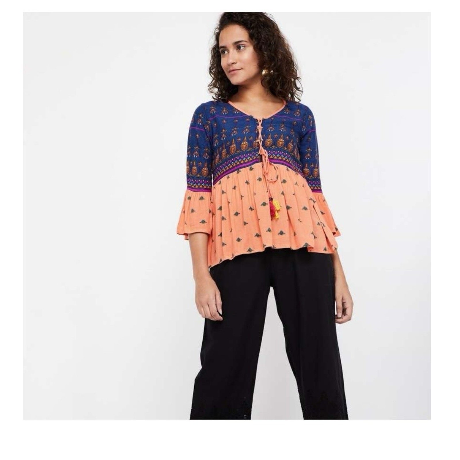 Melange Colour Me Top Women’s XS Orange Blue Boho Peasant Tassel Blouse Viscose