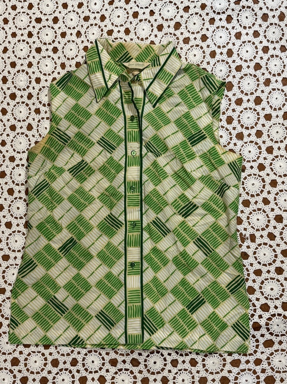 Vtg Alex Coleman California Sz 14 green Geometric Groovy Sleeveless Shirt Retro