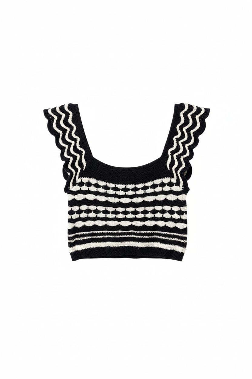 Black & White Scalloped Crop Top with Patterned Knit