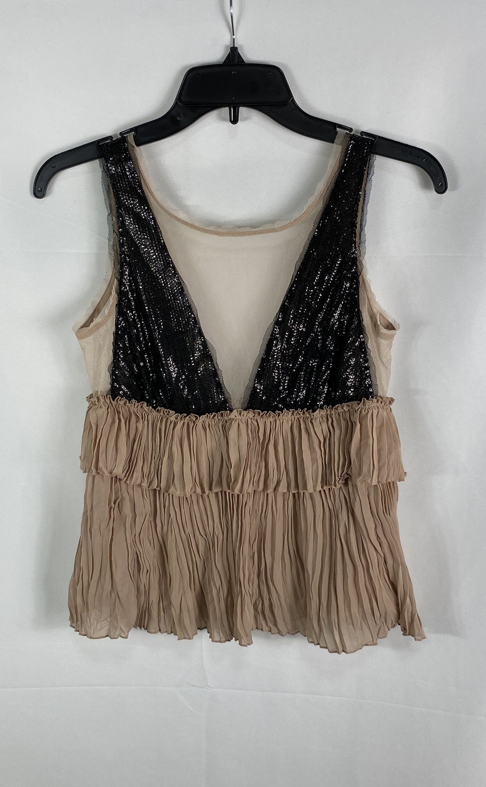 BCBG Max Azria Women’s Bryna Sleeveless Sequin Ruffle Top Nude Black Sz XS