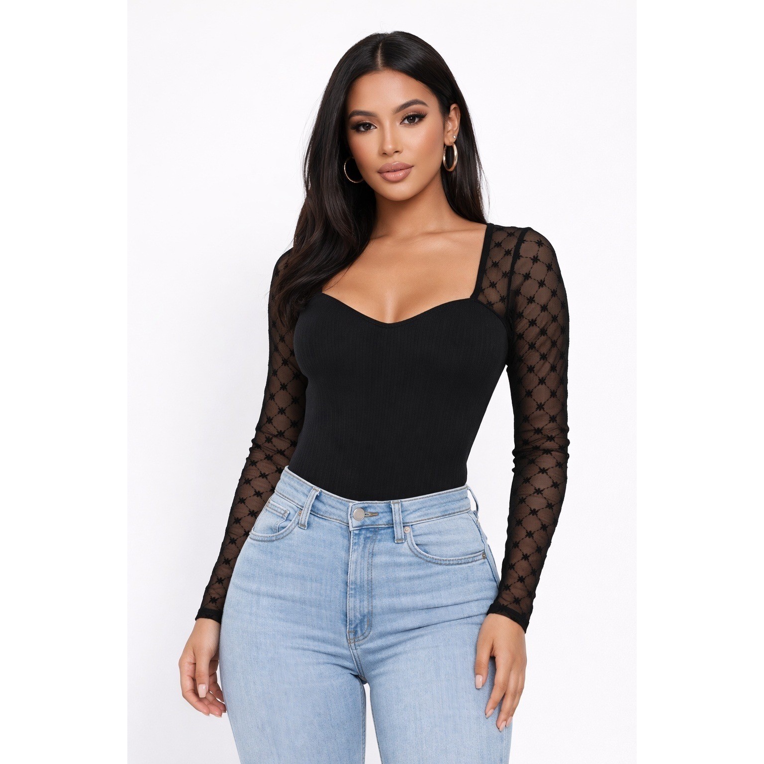 Glace Fame Black Sheer Mesh Star Inset Sweetheart Neck Long Sleeve Top M NWT
