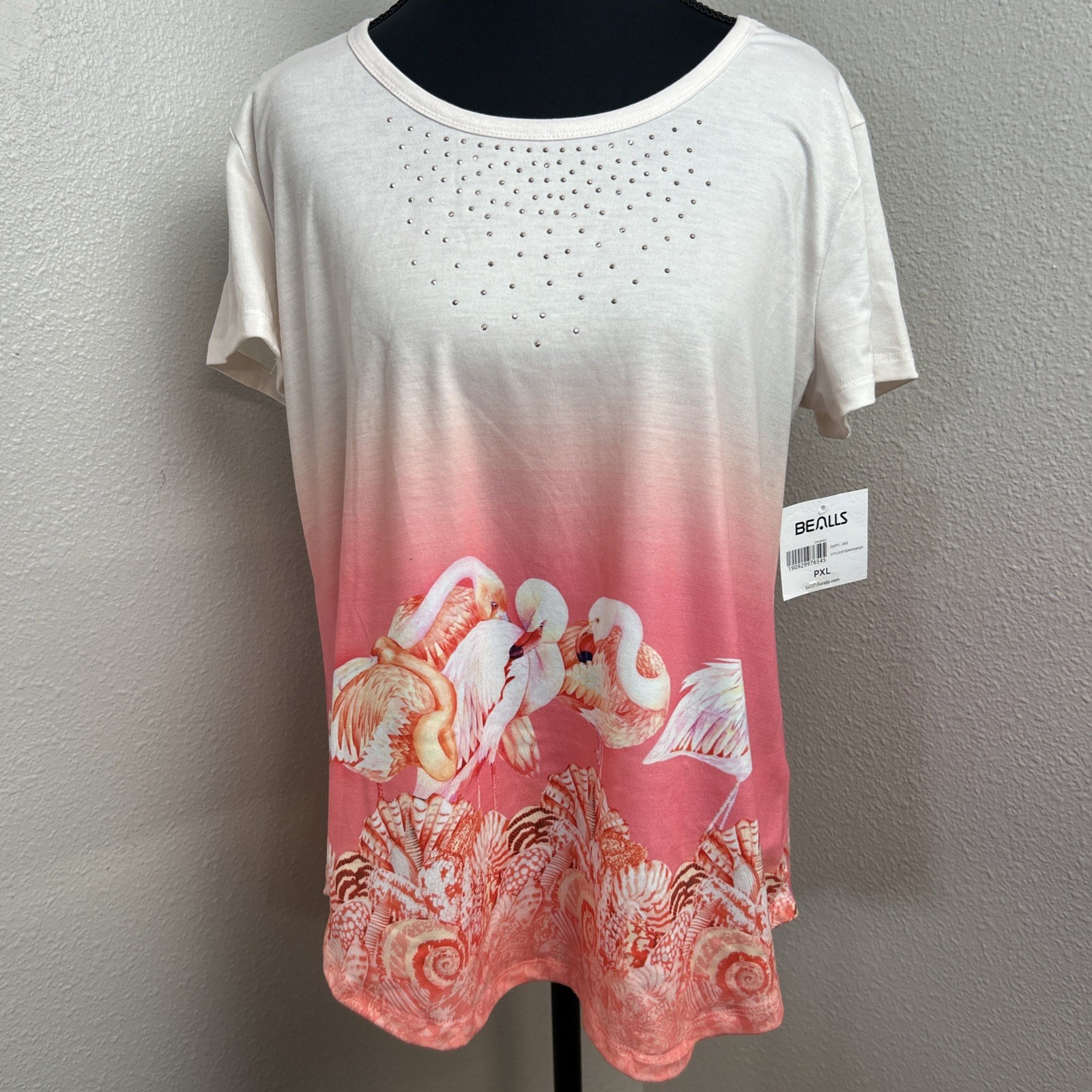 Coral Bay Pullover Top Women’s PXL Pink Flamingo Watercolor Ocean Rhinestone