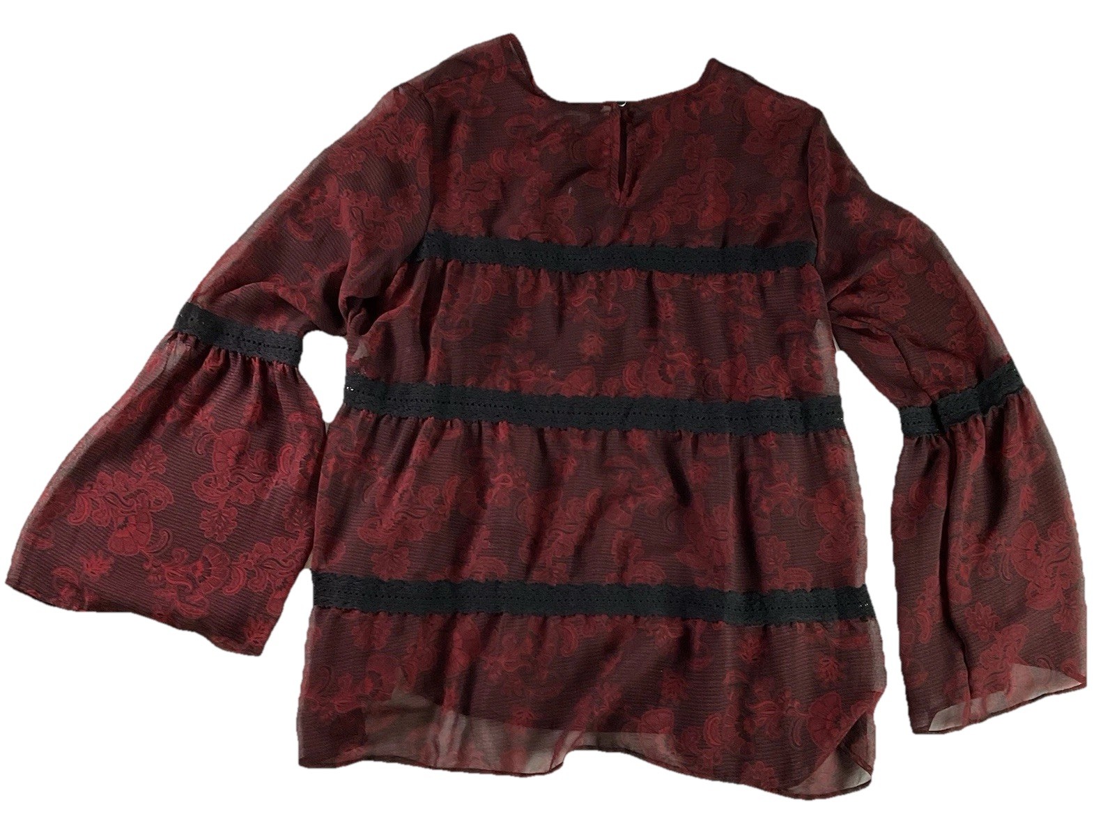 NWT GNW Black Red Floral Sheer Top SZ Large Flare Sleeve Dark Romantic Witchy