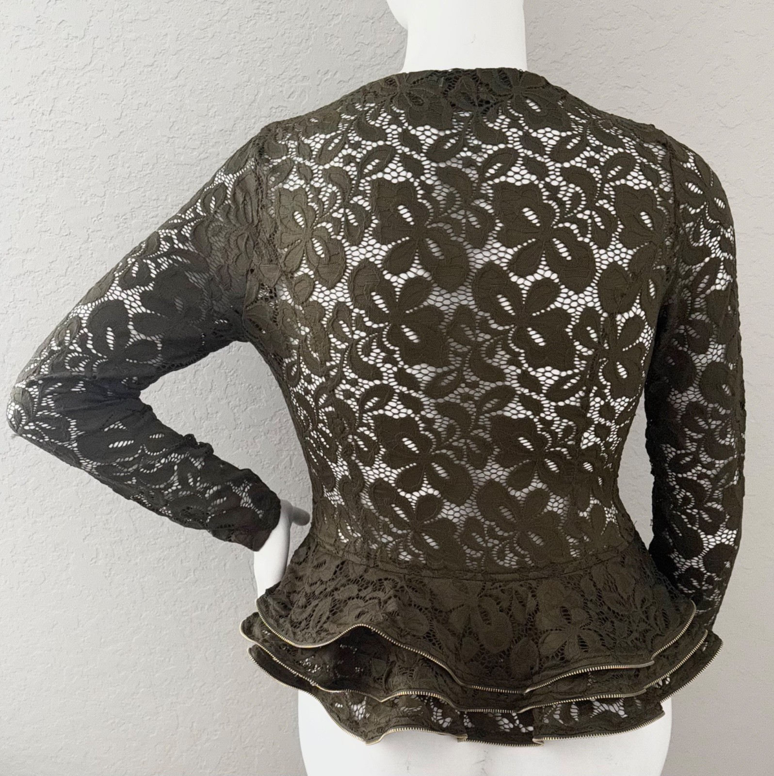 Oh Yes Lace Peplum Top Jacket Zipper Accents Olive Green Plus 1XL 2XL 3XL – New!