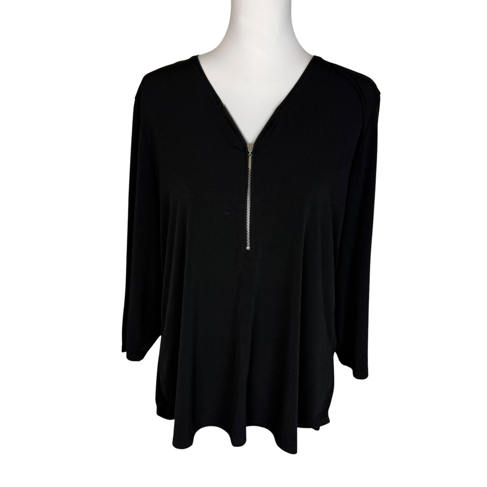 Chicos Cersei Zip Hi Low 3/4 Sleeve Top Black Size 2 (Large) NEW
