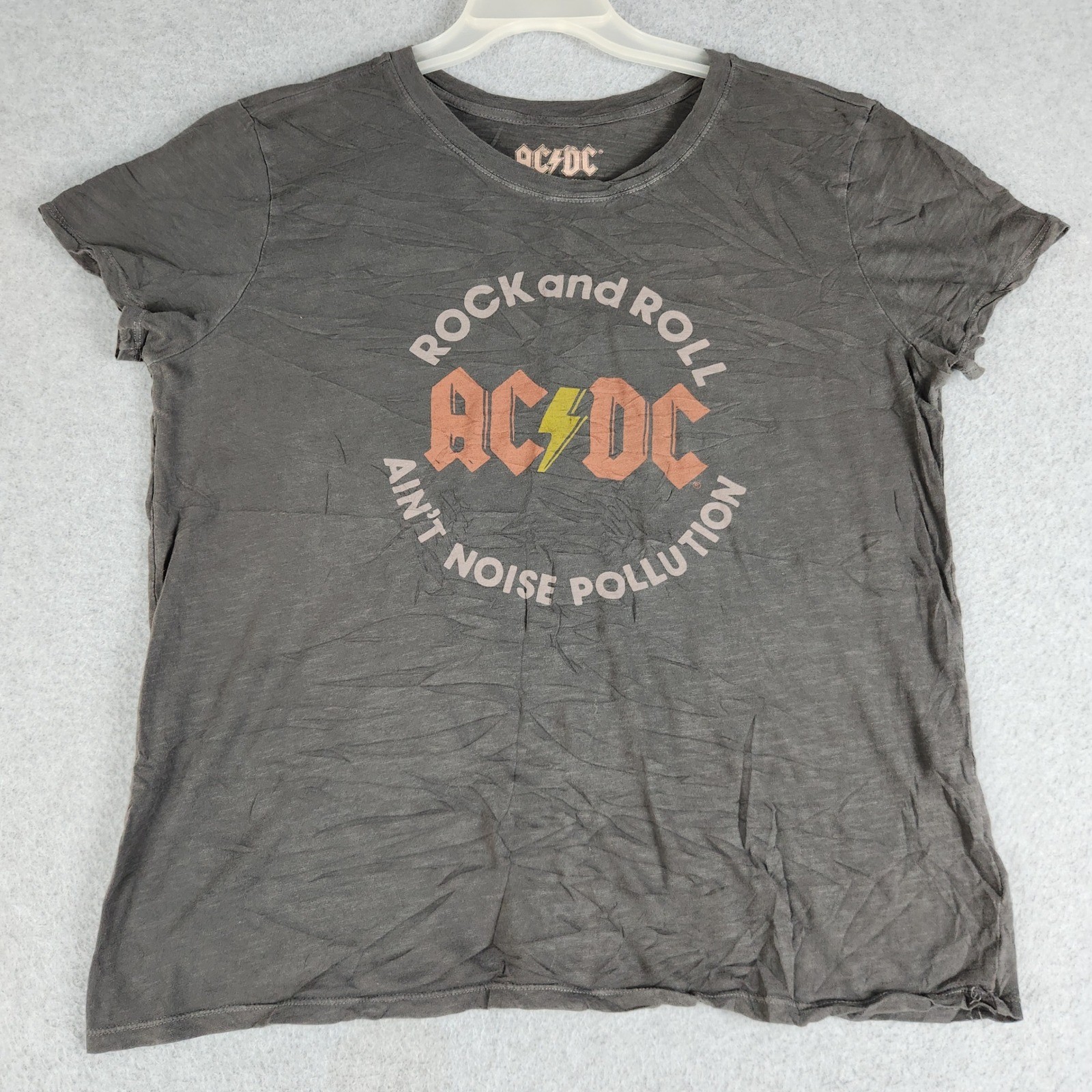 AC/DC Graphic Rock and Roll Aint Noise Pollution Band Tee Shirt Womens L Gray